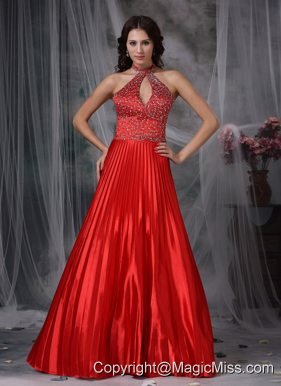 Red A-line High-low Floor-length Elastic Woven Satin Beading Prom Dress