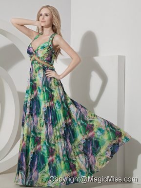 Colorful Empire Straps Floor-length Printing Beading Prom Dress