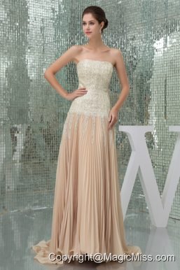 Champagne Strapless Sequins Empire Prom Dress With Brush Train