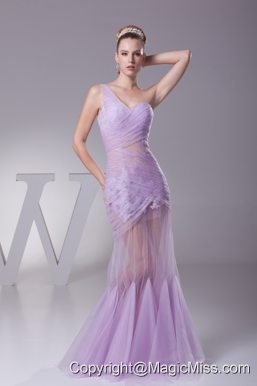 Lavender One Shoulder Mermaid Ruching Appliques Prom Dress