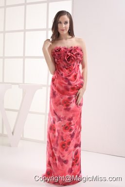 Column Strapless Printing Hand Made Flowers Prom Dress