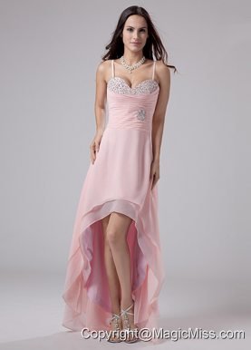 Beading Spaghetti Straps Empire Chiffon High-low Prom Dress Pink
