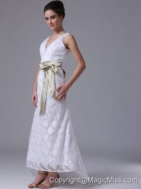 High-low V-Neck Lace Stylish Customize Wedding Dress With Sashes/Ribbons