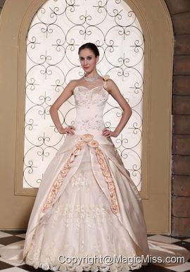 One Shoulder Champagne Ball Gown Wedding Dress For 2013 Hand Made Flowers and Embroidery On Satin