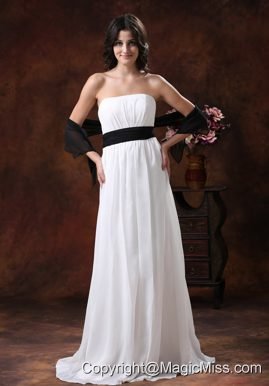 Custom Made White Chiffon Brush Train Wedding Dress With Black Belt Decorate In Safford Arizona