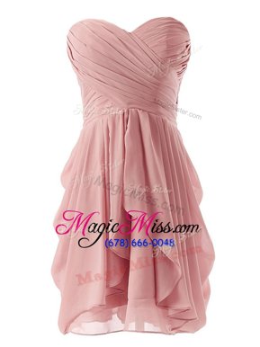 Sleeveless Mini Length Ruching Lace Up Prom Evening Gown with Pink