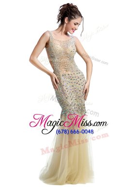 Sophisticated Mermaid Beading Prom Gown Champagne Backless Sleeveless Floor Length