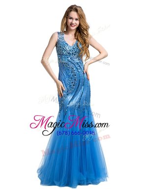 Modern Mermaid Baby Blue Sleeveless Floor Length Beading and Appliques Zipper Prom Evening Gown