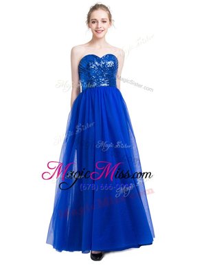 Best Selling Sweetheart Sleeveless Prom Gown Floor Length Sequins Royal Blue Tulle