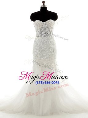 Designer Mermaid White Lace Up Sweetheart Lace Wedding Dress Tulle Sleeveless Brush Train