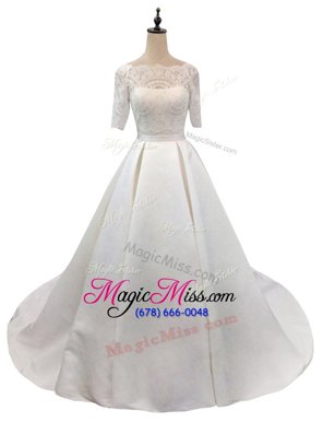 Modern Half Sleeves Satin With Train Chapel Train Zipper Bridal Gown in White for with Lace