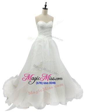 Hot Sale White Zipper Sweetheart Ruching Wedding Gowns Organza Sleeveless Brush Train