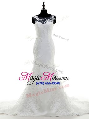 Popular Scoop Lace White Sleeveless With Train Appliques Zipper Wedding Dresses