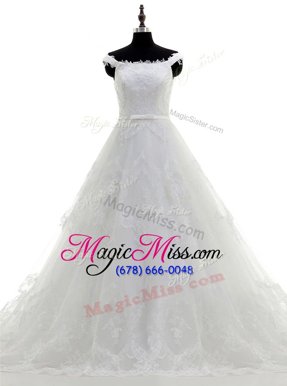 High Quality Sleeveless Sweep Train Beading and Lace and Hand Made Flower Zipper Wedding Dress