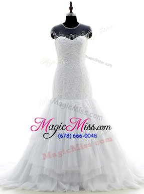 Modest White Zipper Scoop Beading and Lace Wedding Gown Chiffon and Lace Short Sleeves Brush Train