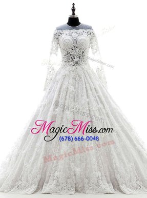 Stylish White A-line Scoop Long Sleeves Lace Court Train Zipper Appliques Wedding Dress