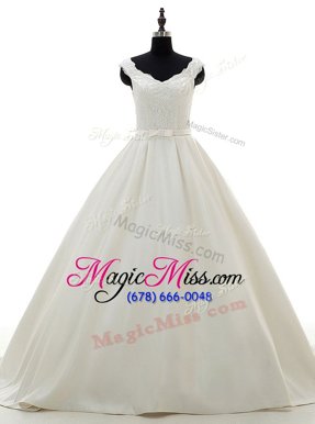 Flirting White Sleeveless Satin Brush Train Zipper Wedding Gown for Wedding Party