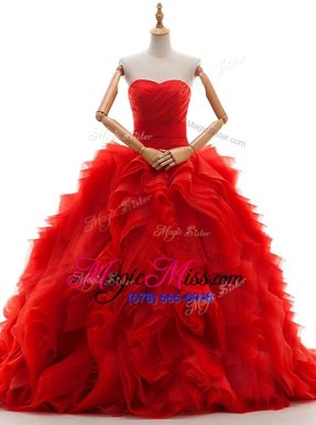 Clearance Red Bridal Gown Wedding Party and For with Ruffles and Ruching Sweetheart Sleeveless Brush Train Lace Up