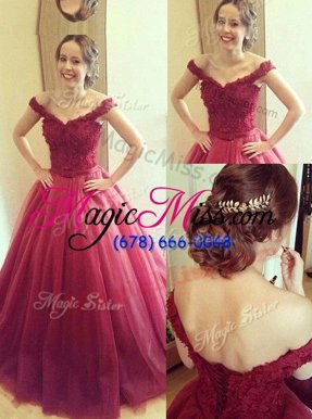 Beauteous Off The Shoulder Sleeveless Ball Gown Prom Dress Floor Length Appliques Burgundy Tulle