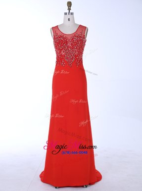 Latest Red Mermaid Scoop Sleeveless Chiffon With Brush Train Zipper Beading and Appliques