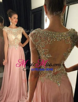 Affordable Bateau Cap Sleeves Chiffon Evening Dress Beading Brush Train Side Zipper