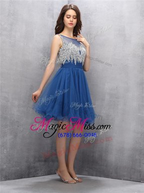 Custom Fit Scoop Tulle Sleeveless Knee Length Prom Evening Gown and Beading