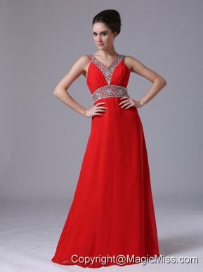 Beaded Decorate Shoulder Empire Chiffon Red V-neck Prom Dress Floor-length