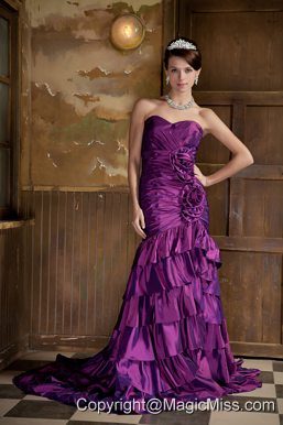 Purple Mermaid Sweetheart Brush Train Taffeta Hand Made Flowers Prom Dress
