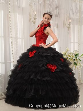 Red and Black Ball Gown Halter Floor-length Taffeta and Organza Hand Flowers Quinceanera Dress