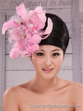 Imitation Pearls and Feather Decorate Tulle and Printing Fabric Headpices For Speciral Occasion Party