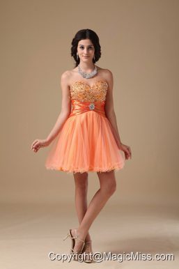 Orange A-line Sweetheart Mini-length Organza Beading Prom Dress