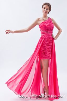 Hot Pink Column / Sheath One Shoulder High-low Chiffon Sequins Prom Dress