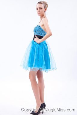 Baby Blue A-line Strapless Mini-length Organza Beading Prom Dress