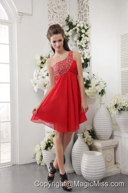 Red Empire One Shoulder Short Chiffon Beading Prom / Cocktail Dress