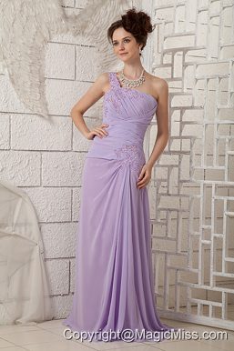 Customize Lavender Empire One Shoulder Prom Dress Chiffon Appliques Brush Train