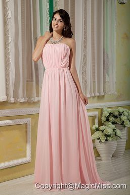 Pretty Baby Pink Prom Dress Empire Strapless Chiffon Ruch Brush Train