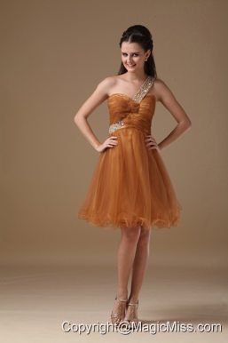 Brown A-line One Shoulder Mini-length Organza Beading Prom Dress