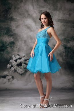 Aqua Blue A-line One Shouleder Mini-length Organza Beading Prom / Homecoming Dress