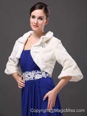White Faux Fur Open Front Fold-over Collar Prom Jacket