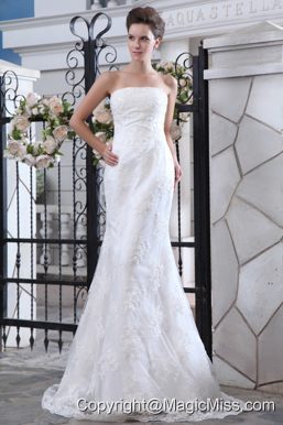 Lovely Mermaid Strapless Brush Train Satin Lace Wedding Dress