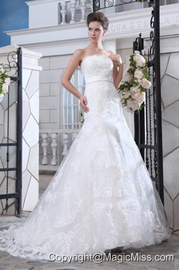 Unique Mermaid Strapless Court Train Lace Belt Wedding Dress