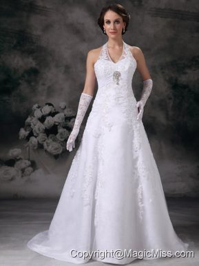 Discount A-line Halter Court Train Lace Beading Wedding Dress