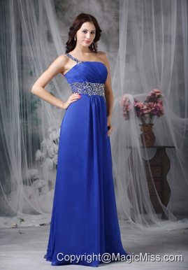 Royal Blue Empire One Shoulder Floor-length Beading Chiffon Prom Dress