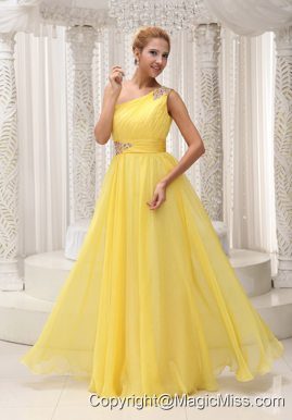 Beaded Decorate One Shoulder and Wasit Ruched Bodice Yellow Chiffon Custom Made Floor-length Prom / Evening Dress For 2013