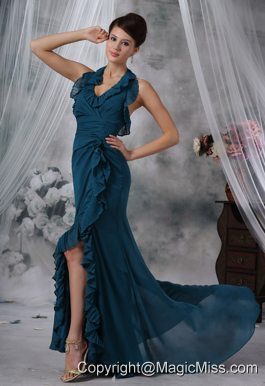 Storm Lake Iowa Halter High Slit Brush Train Green Chiffon Prom / Evening Dress For 2013 Sexy Style