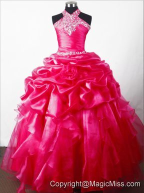 Discout Beading Hand Made Flower Ball Gown Little Gril Pageant Dress Halter Top Floor-length