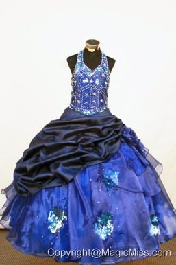 Beading Beautiful Ball gown Halter Floor-length Organza Blue Little Girl Pageant Dresses
