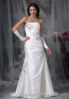 Affordable A-line Strapless Brush TrainTaffeta Appliques and Ruch Wedding Dress