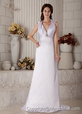 Exclusive Column Halter Brush Train Satin Ruch and Beading Wedding Dress