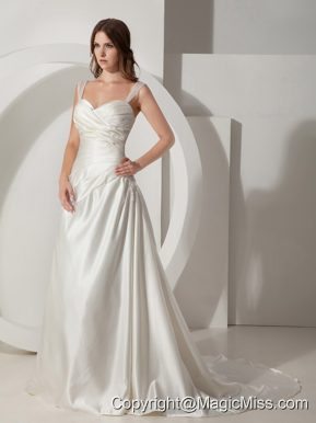 Simple A-Line / Princess Straps Court Train Taffeta Ruched Wedding Dress